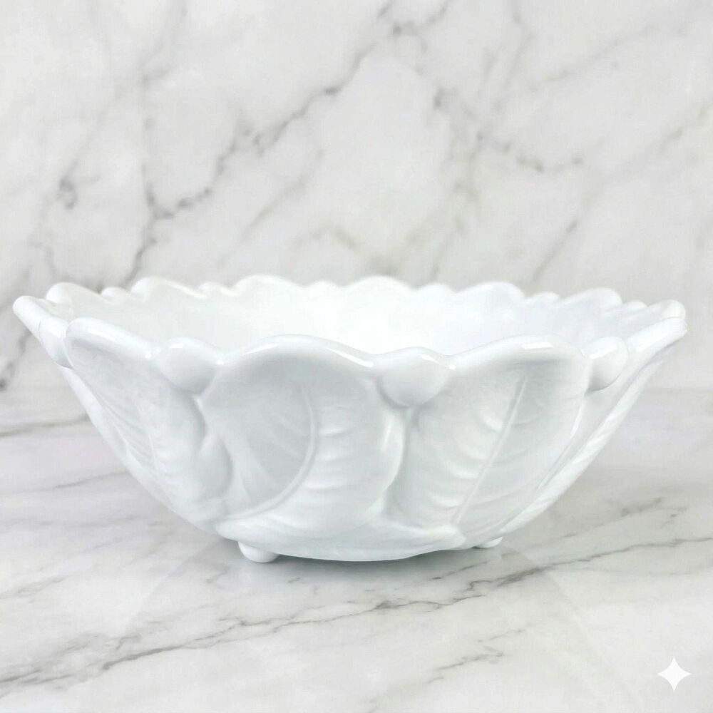 Vintage White Milk Glass Footed Bowl Scalloped Leaf Floral Embossed Cottagecore